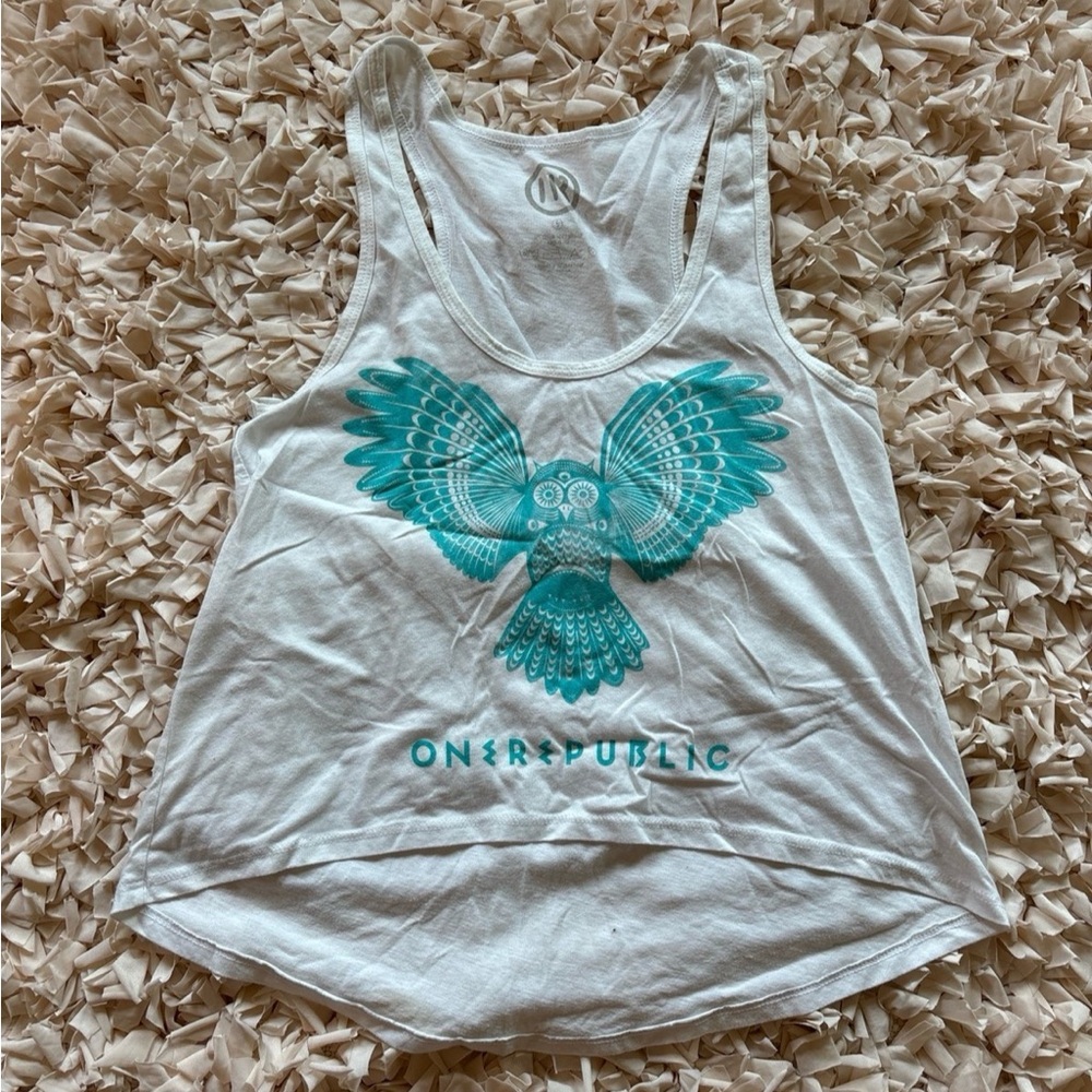 Women's White Tank Top with Teal Owl Design